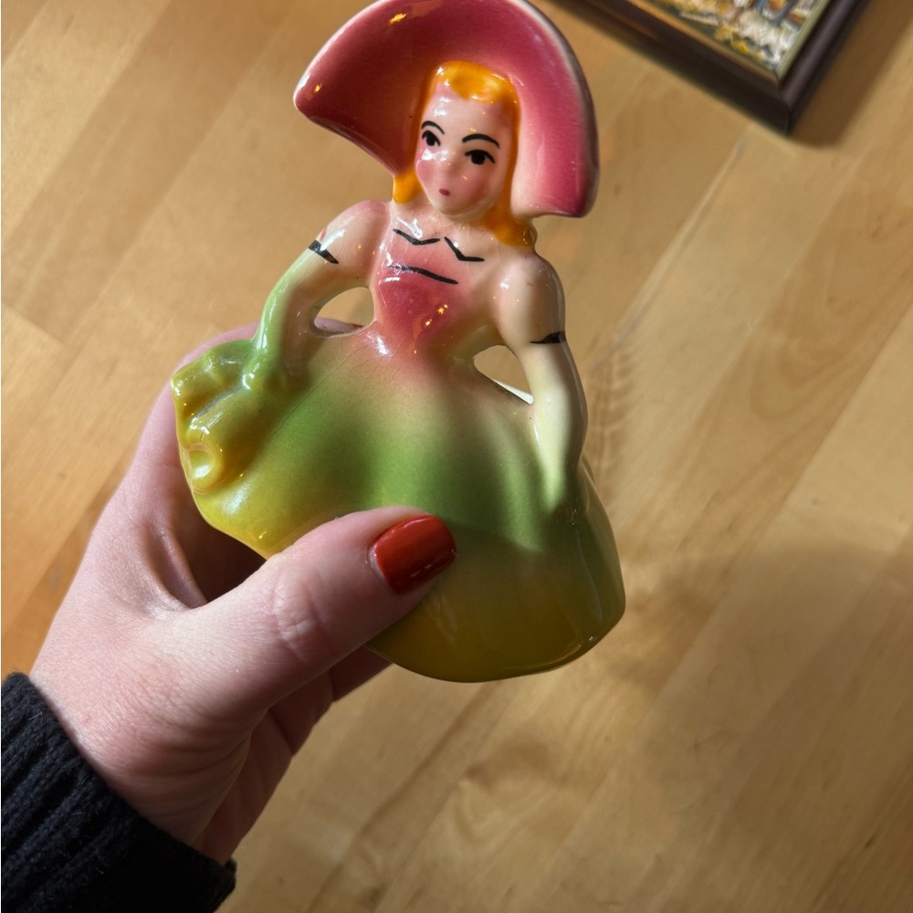 Vintage Ceramic Lady Figurine in Pink and Green